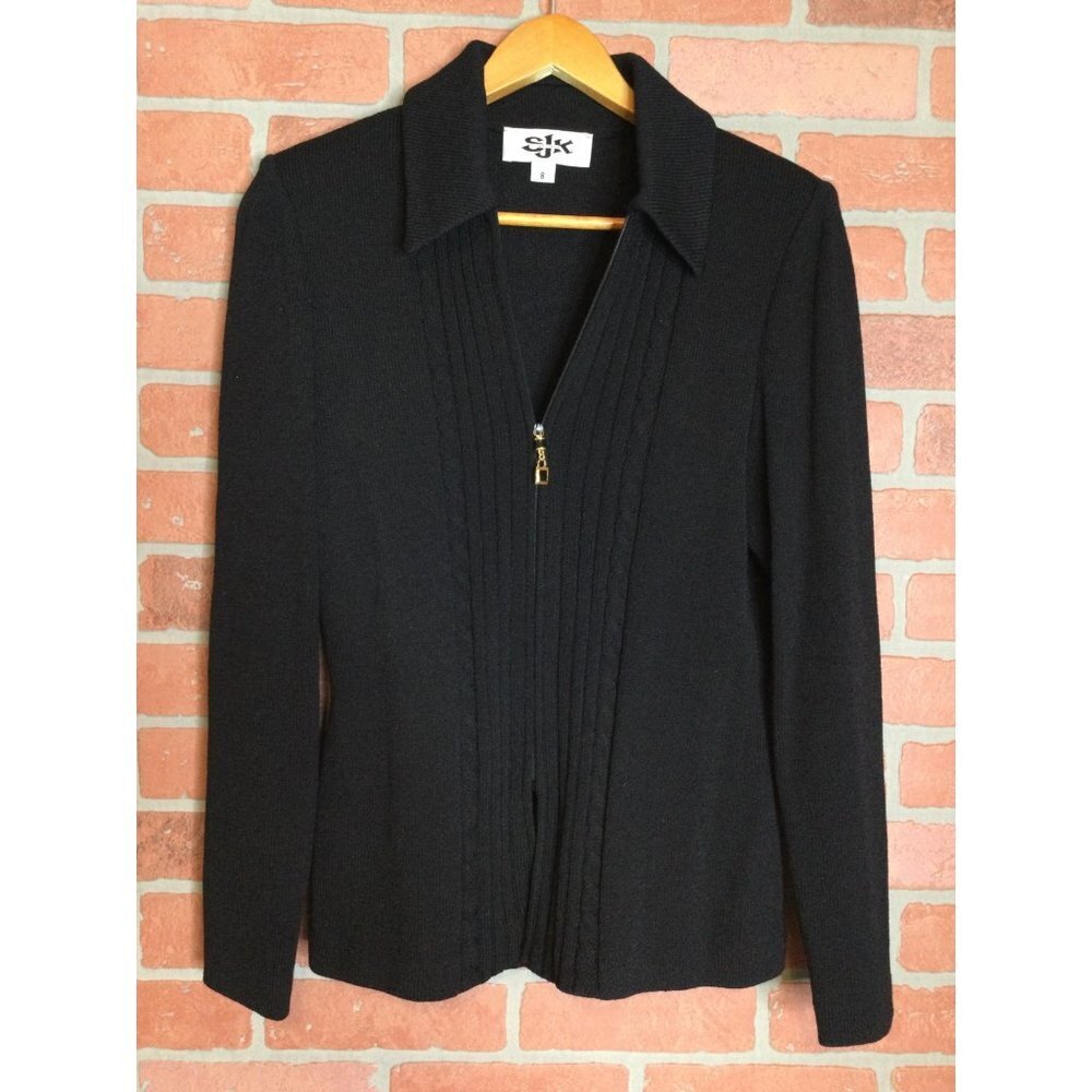 Vintage SJK St John Sweater Jacket Top Size 8 Zip Up Cardigan Black Flawed